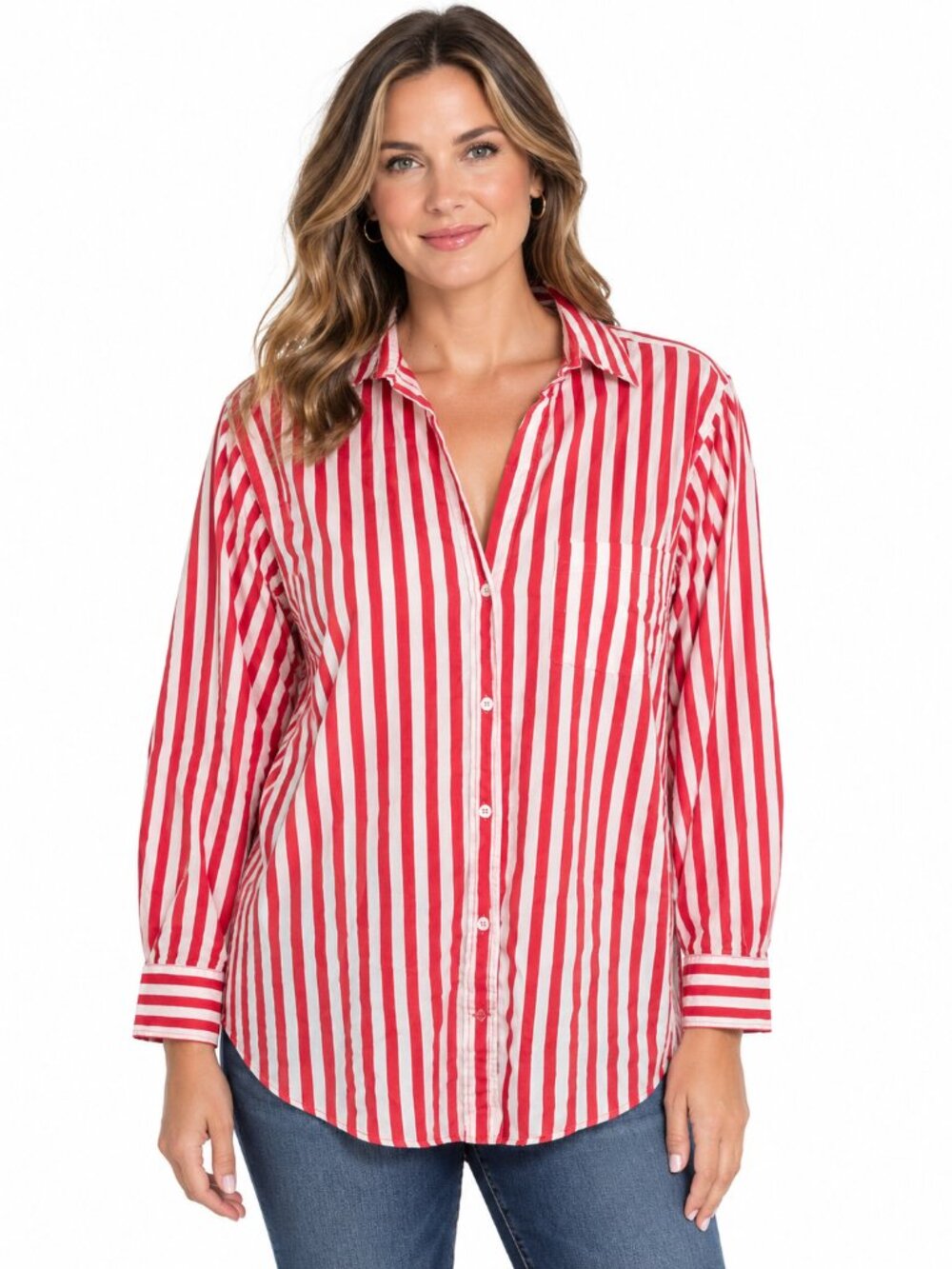 • Zara Basic Red & White Vertical Stripe Button Down Shirt